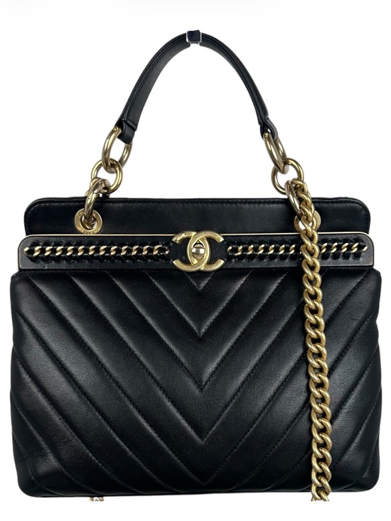 Handbags - CHANEL Black Chevron Top Handle Chain Shoulder Bag Gold Hardware